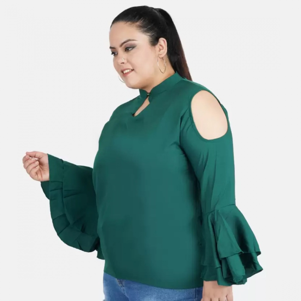 Generic Women's Casual Bell Sleeve Solid Green Top (Color:Green, Material:Crepe) - Image 3