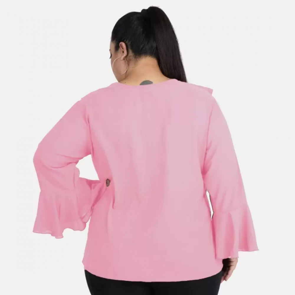 Generic Women's Casual Bell Sleeve Solid Pink Top (Color:Pink, Material:Georgette) - Image 3