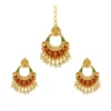 Generic Women's Rose Gold Plated Alloy Kundan Earrings & Mangtikka (Red & Green)