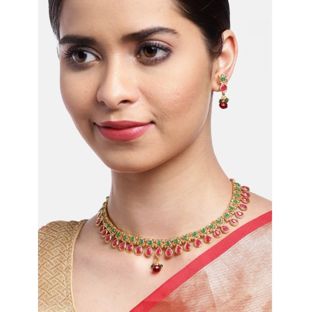 Generic Women's Rose Gold Plated Alloy Necklace & Earings Set (Green & Red) - Image 3