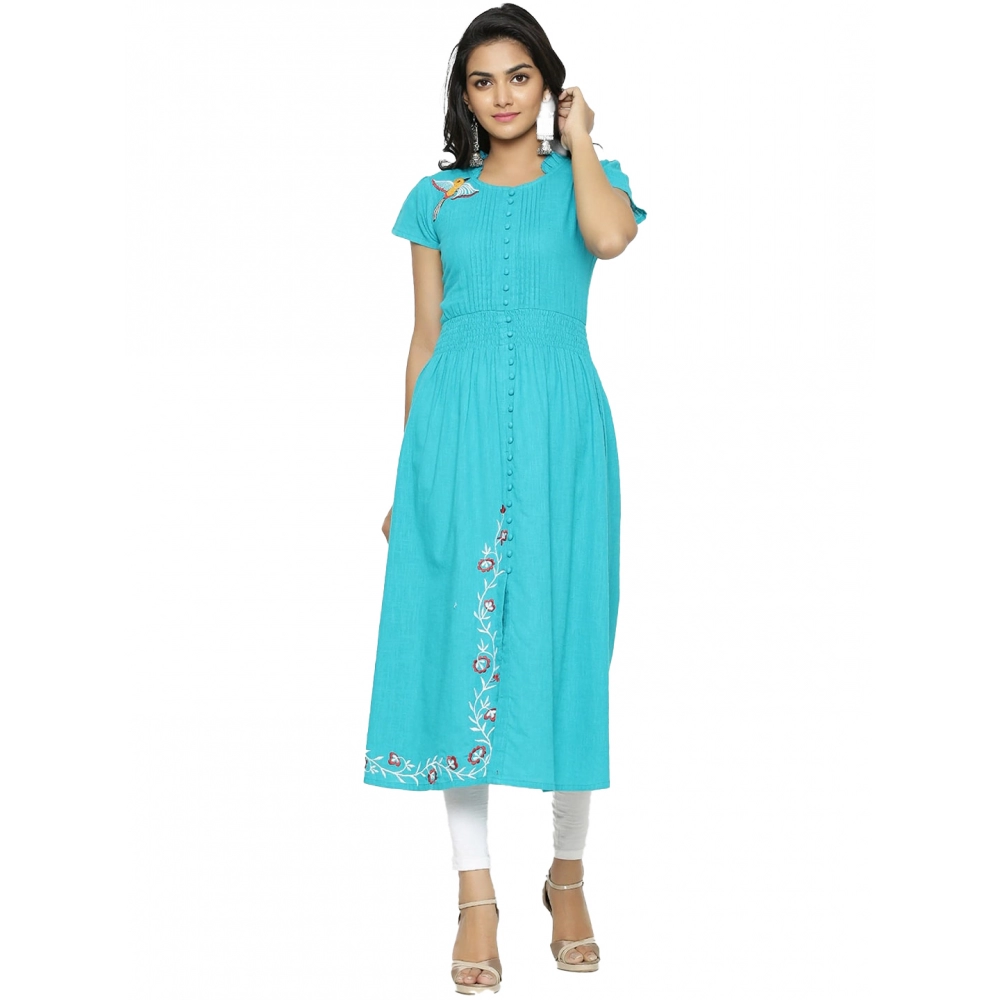 Generic Women's Casual Short Sleeve Embroidery Cotton Slub Kurti (Torque Green)