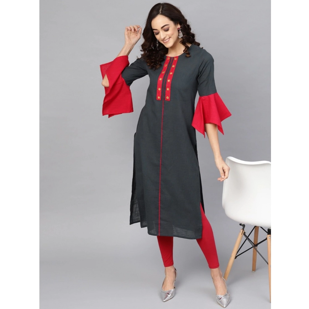 Generic Women's Casual Bell Sleeves Mirror Work Cotton Slub Kurti (Grey) - Image 3