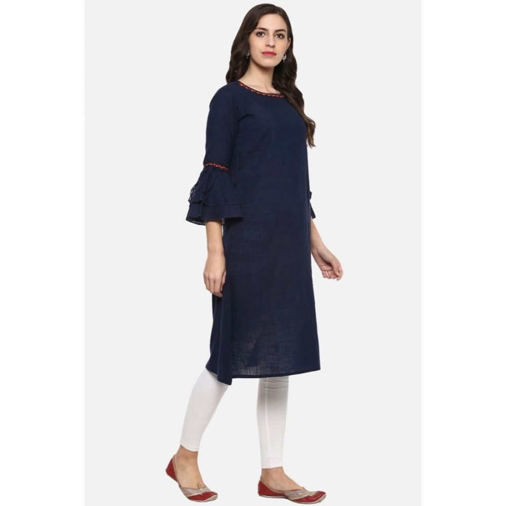 Generic Women's Casual Bell Sleeves Solid Cotton Slub Kurti (Blue) - Image 3