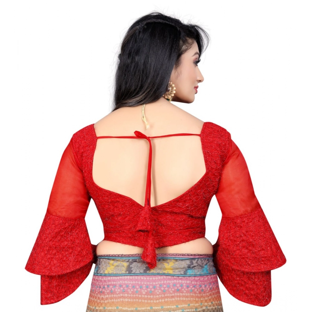 Generic Women's Organza Embroidery Readymade Blouse (Red, Size: Free Size) - Image 4