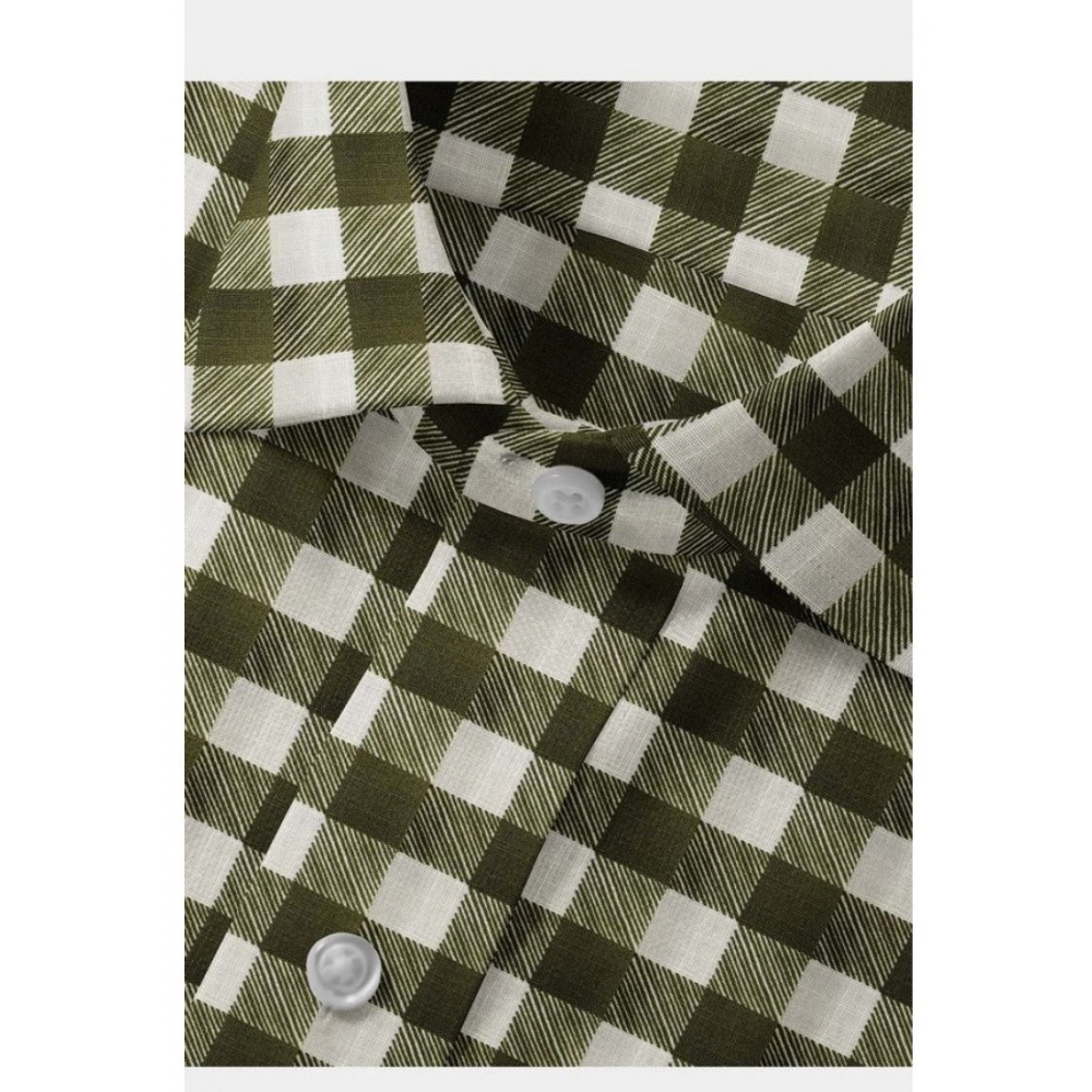 Generic Men's Cotton Blended Checked Full Sleeve Shirt (White-Green) - Image 2