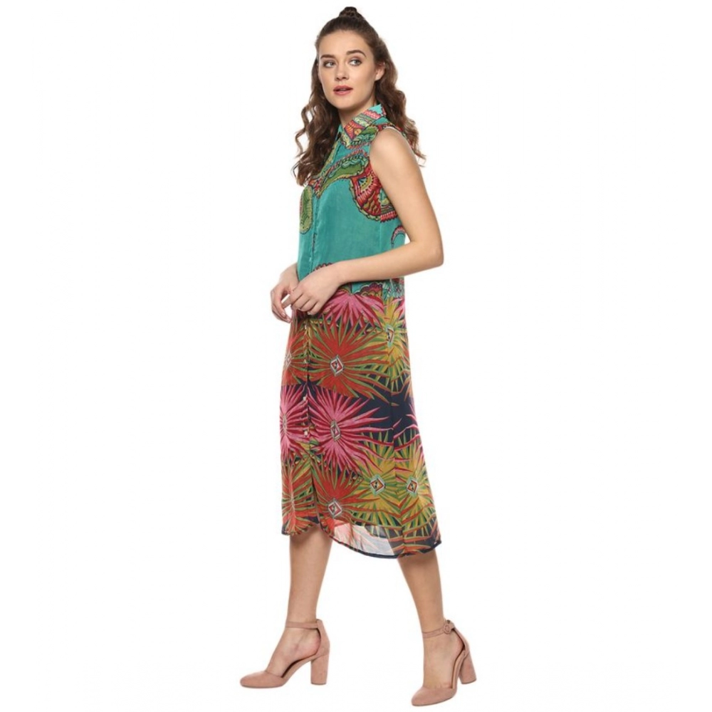 Generic Women's Polyester Floral Sleeveless Below Knee Dress (Multicolor) - Image 3