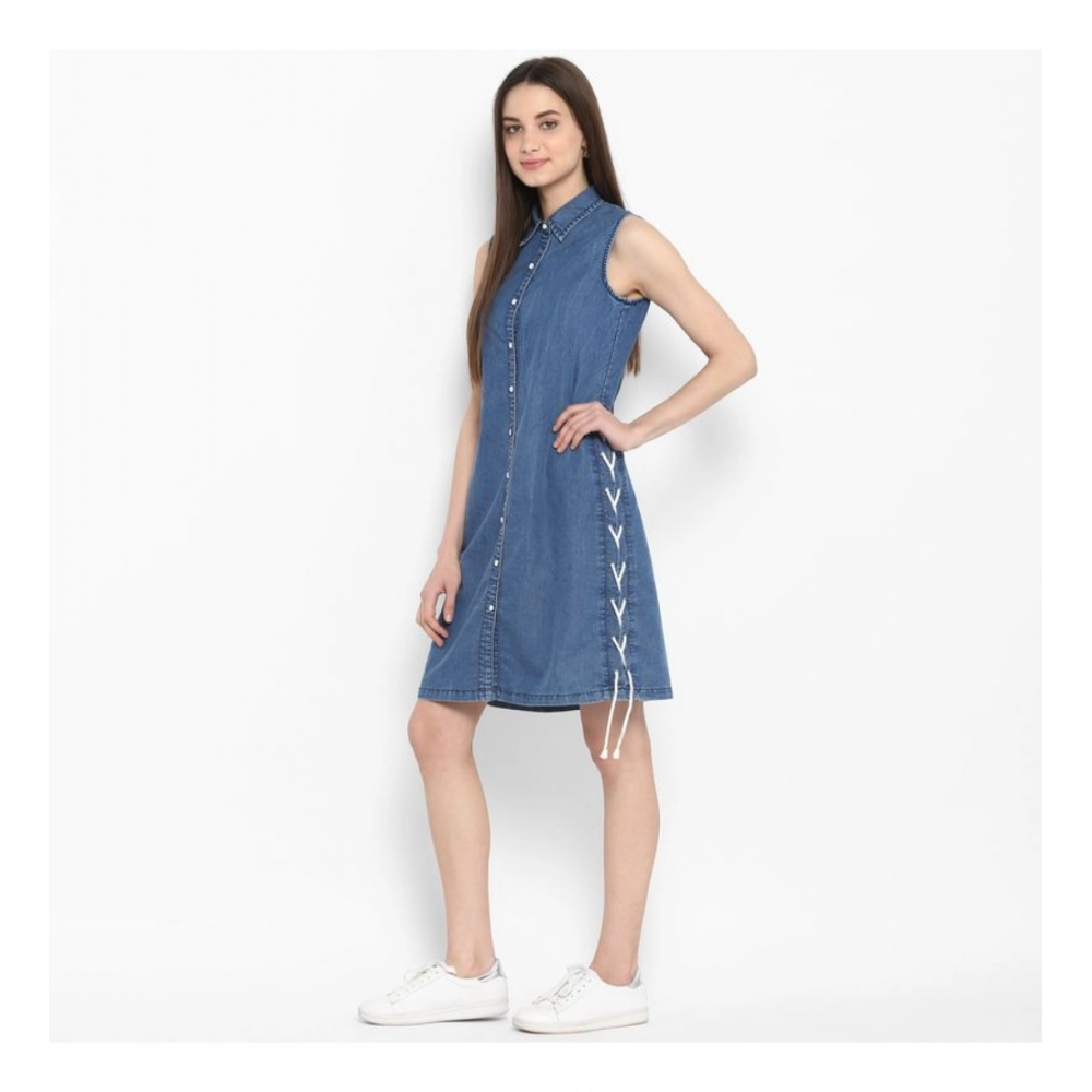 Generic Women's Denim Solid Sleeveless Above Knee Dress (Blue) - Image 3