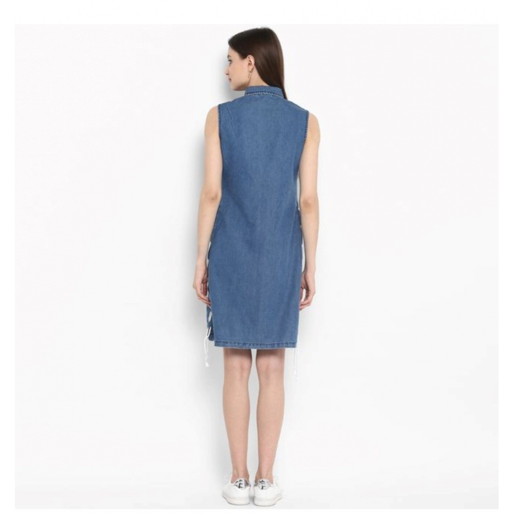 Generic Women's Denim Solid Sleeveless Above Knee Dress (Blue) - Image 7