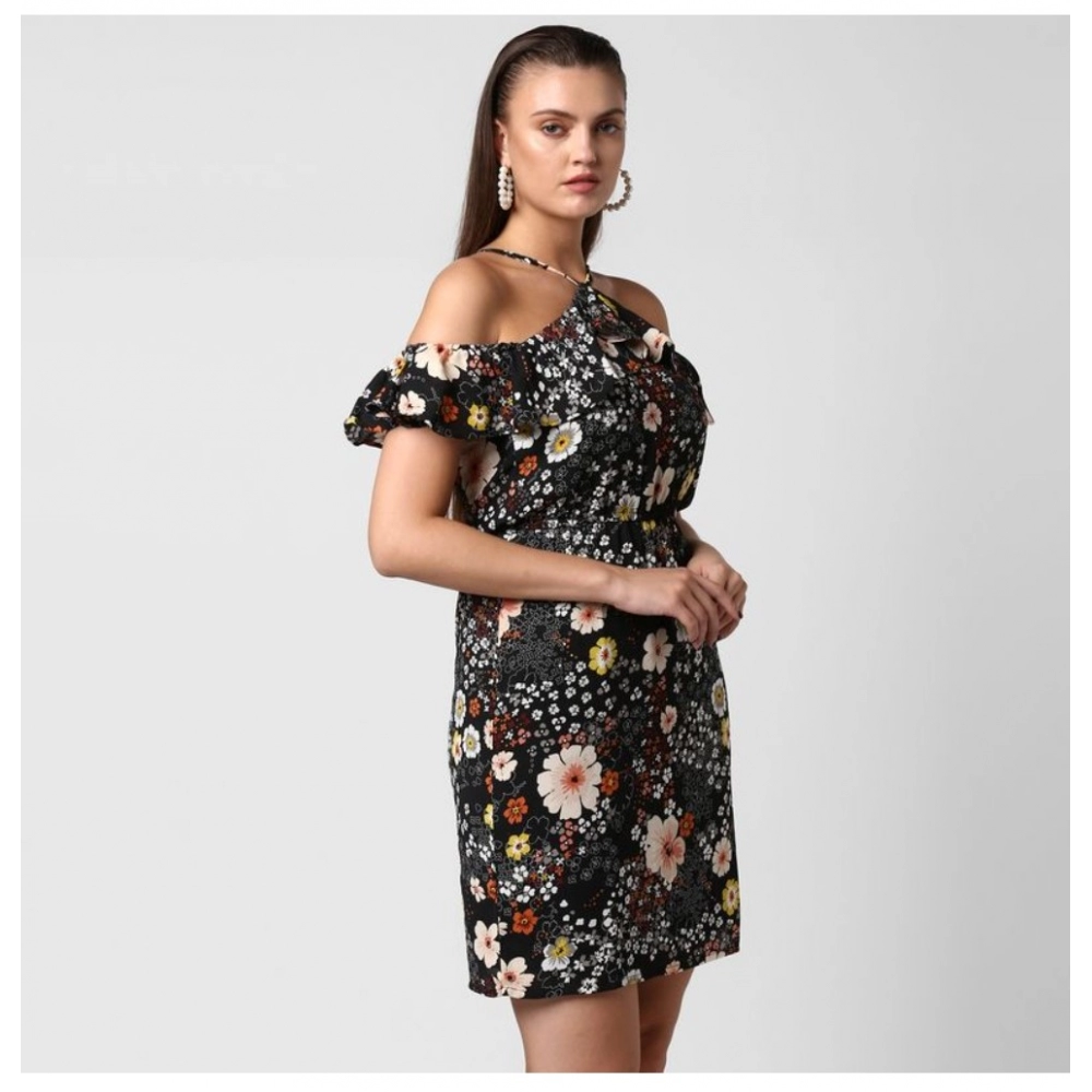 Generic Women's Polyester Floral Cold Shoulder Above Knee Dress (Black) - Image 4