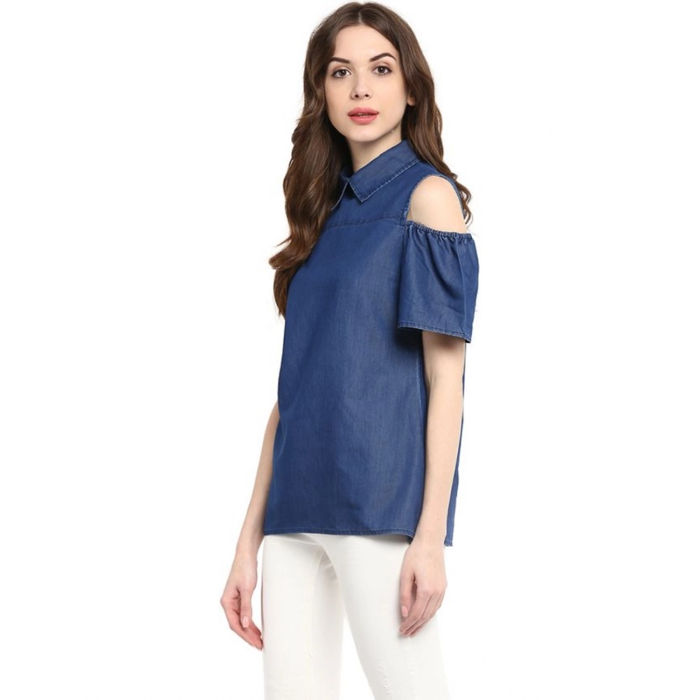 Generic Women's Denim Solid Cold Shoulder Regular Top (Blue) - Image 3