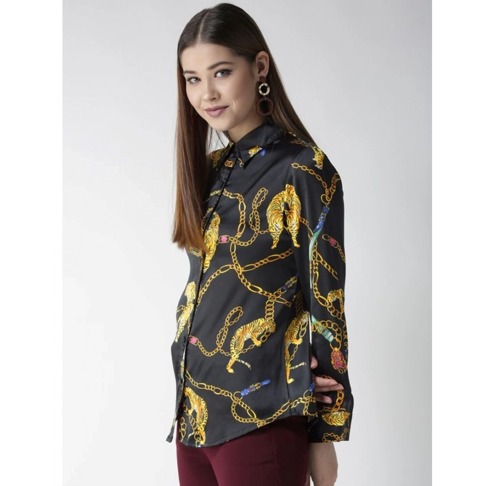 Generic Women's Satin Printed Long Sleeves Standard Length Shirt (Black - Gold) - Image 3