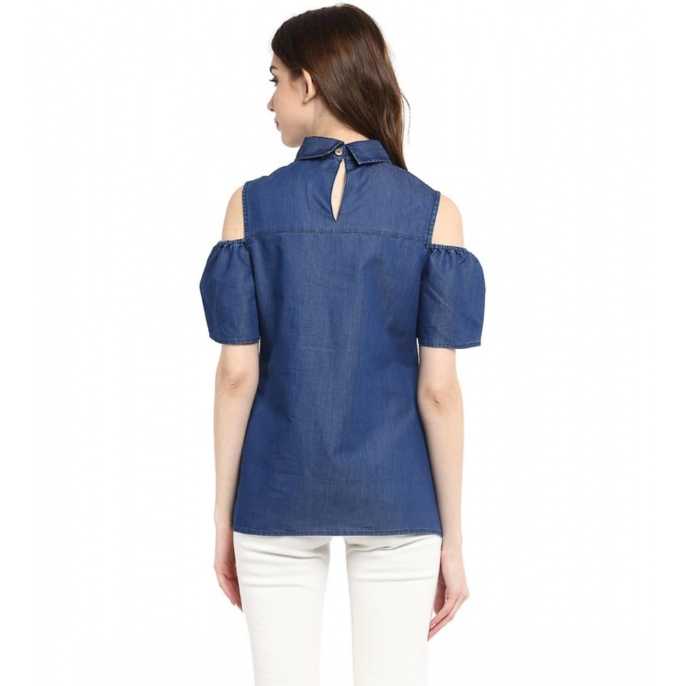 Generic Women's Denim Solid Cold Shoulder Regular Top (Blue) - Image 7