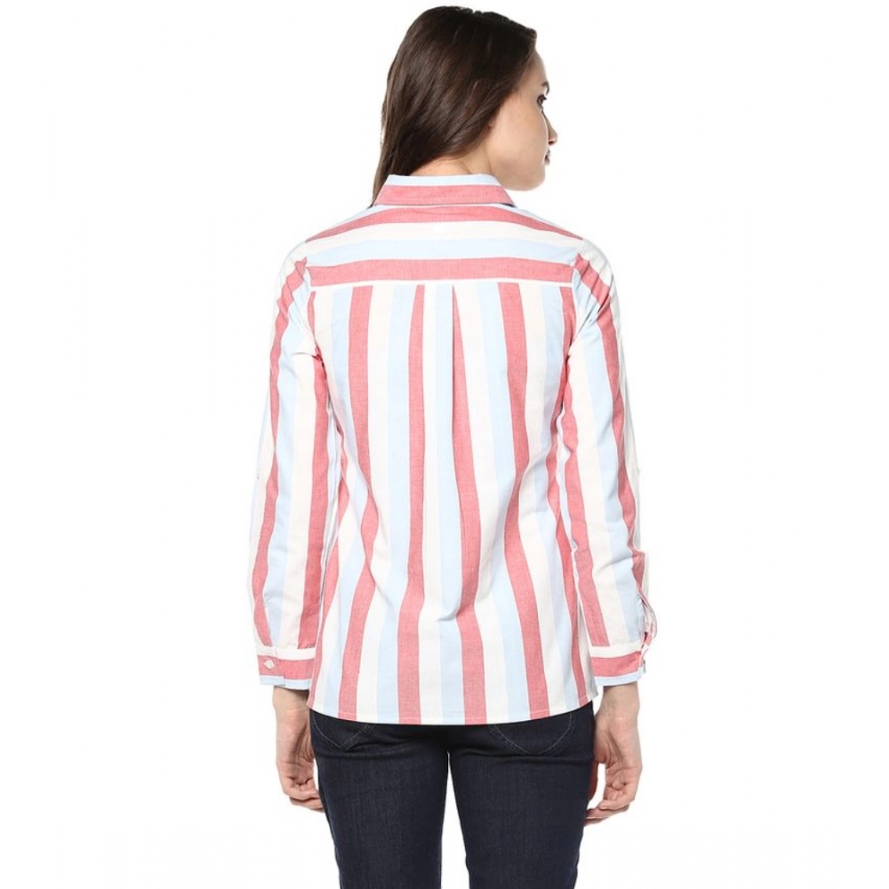 Generic Women's Cotton Striped Roll Up Sleeve Regular Top (Red) - Image 6