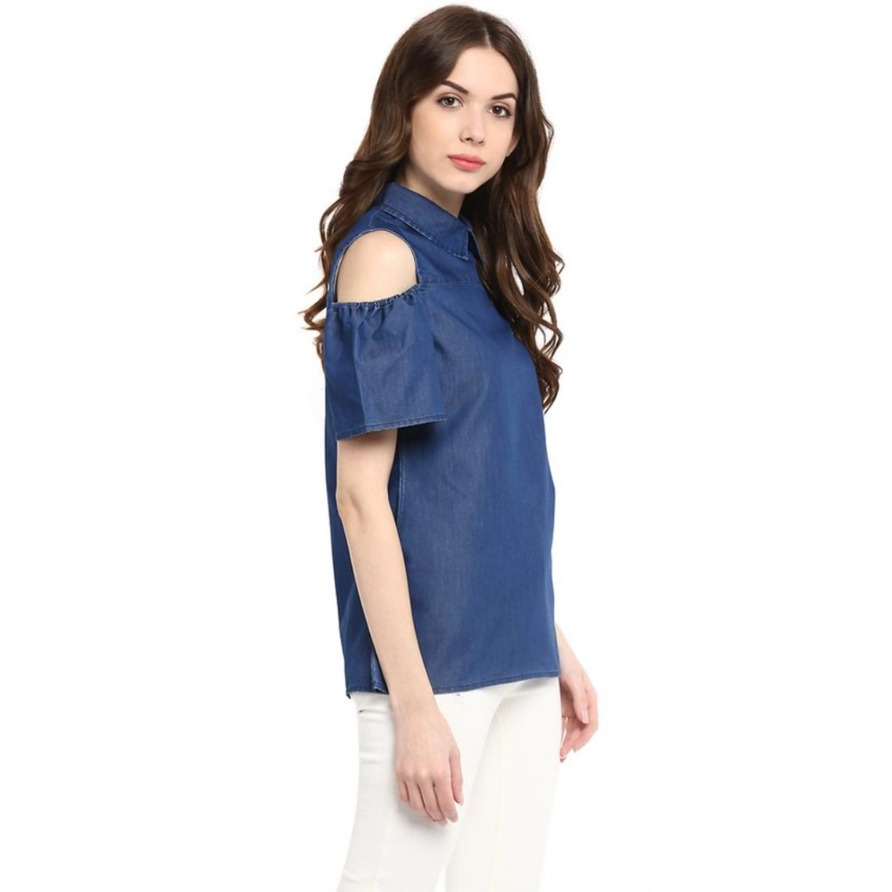 Generic Women's Denim Solid Cold Shoulder Regular Top (Blue) - Image 4