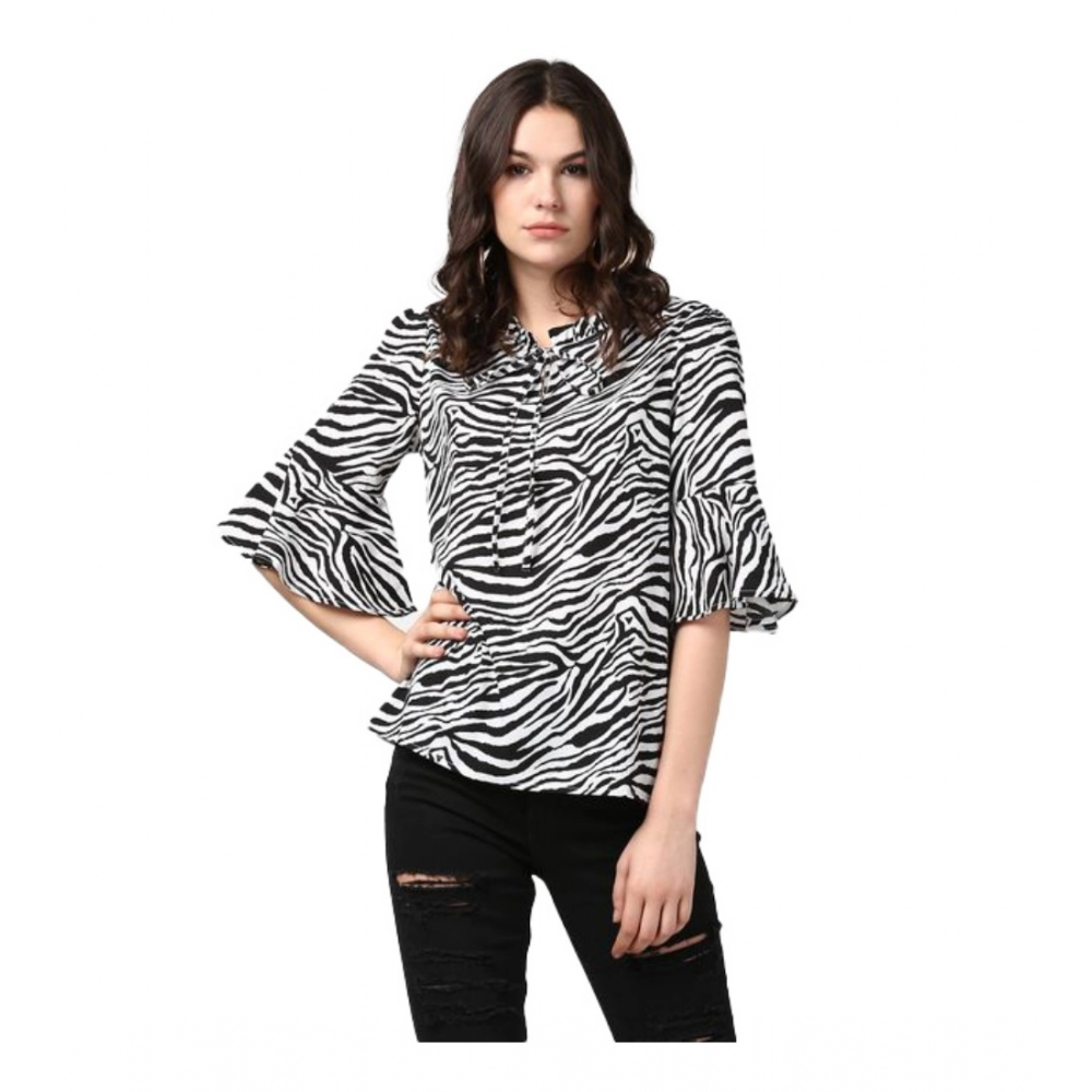 Generic Women's Polyester Animal Print Bell Sleeve Top (Black - White)