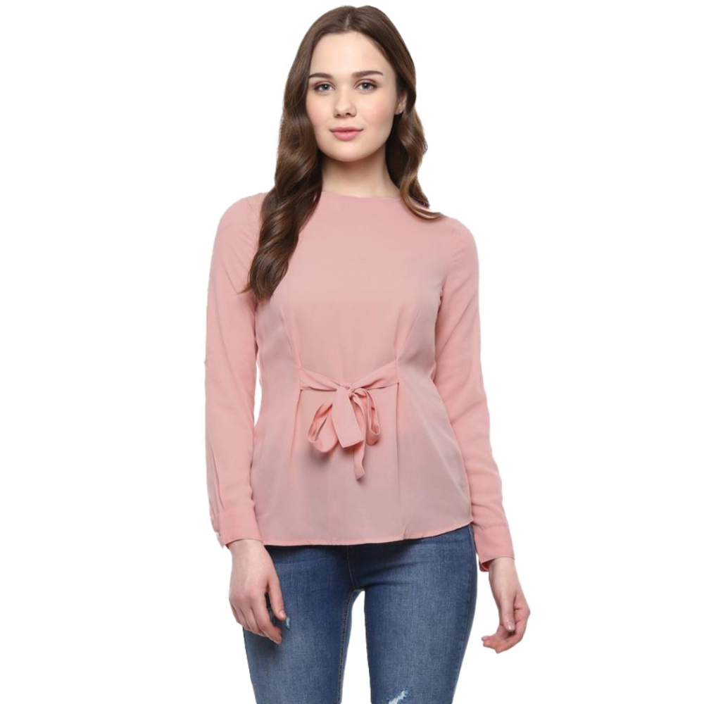 Generic Women's Polyester Solid Long Sleeves Regular Top (Pink)