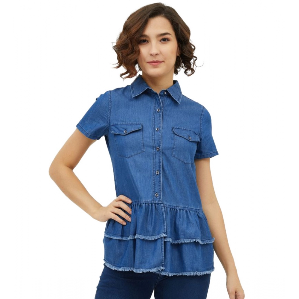 Generic Women's Denim Peplum Short Sleeve Top (Blue)