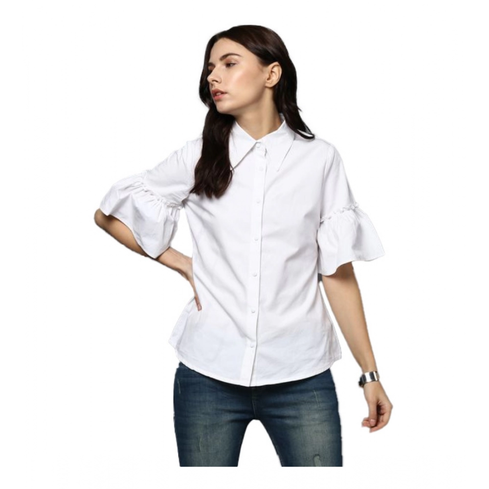 Generic Women's Cotton Solid Bell Sleeve Top (White)