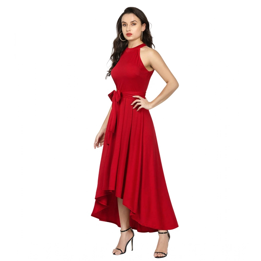 Generic Women's Polyster Solid Halter Neck Sleeveless Dress (Red) - Image 4