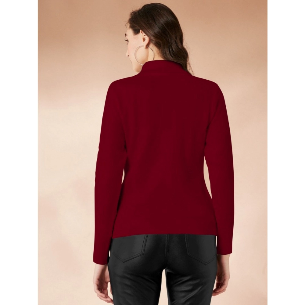 Generic Women's Polyester Solid High Neck Full Sleeve T-Shirt (Maroon) - Image 5