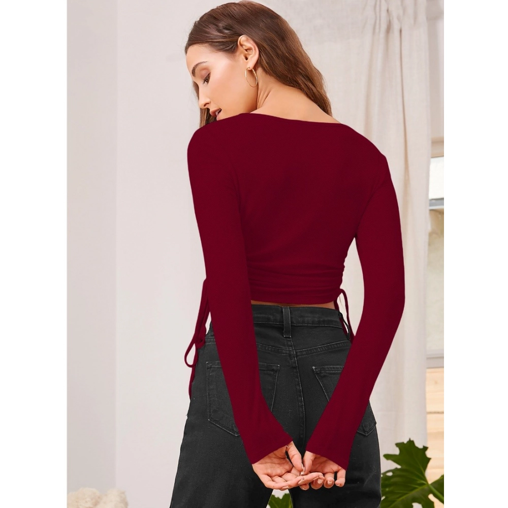 Generic Women's Polyester Solid Round Neck Full Sleeve Top (Maroon) - Image 5