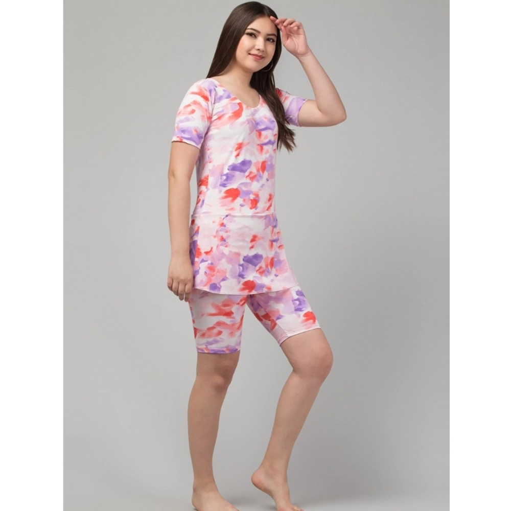 Generic Women's Polyester Spandex Printed Round Neck Swimsuit Set (Multicolor) - Image 4