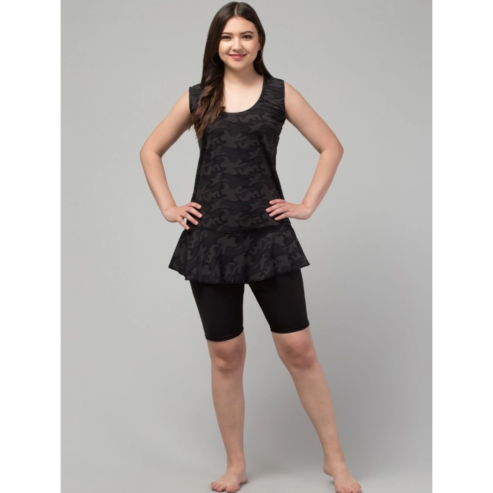 Generic Women's Polyester Spandex Printed Slip On Round Neck Swimsuit Set (Black)