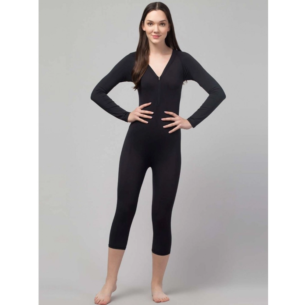 Generic Women's Polyester Spandex Solid V Neck Swimsuit Set (Black)