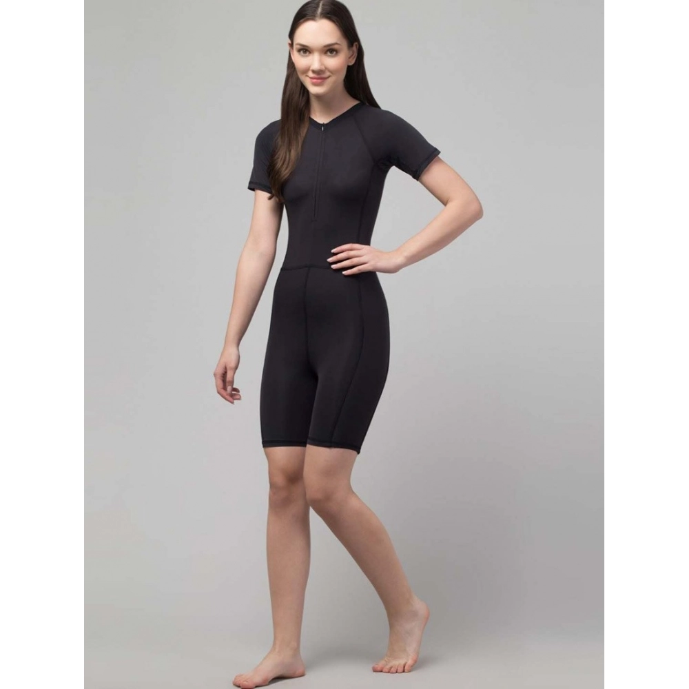 Generic Women's Polyester Spandex Solid Above Knee Slip On Round Neck Swimsuit Set (Black) - Image 4