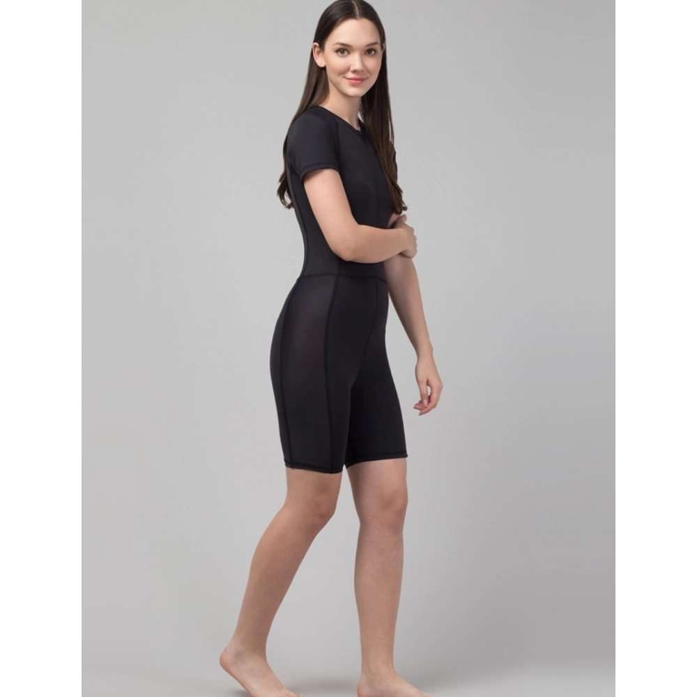 Generic Women's Polyester Spandex Solid Above Knee Slip On Round Neck Swimsuit Set (Black) - Image 3
