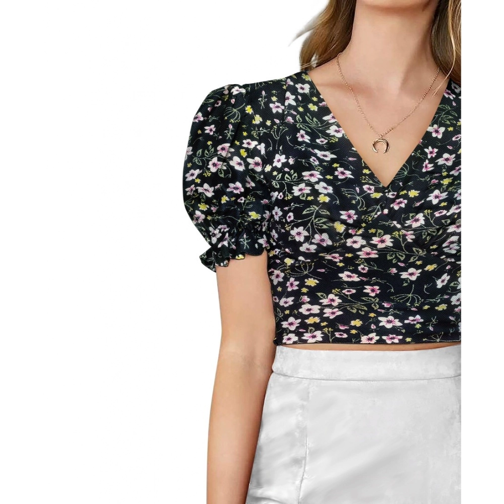 Generic Women's Knitting Printed V-Neck Puff Sleeve Tops (Black) - Image 3