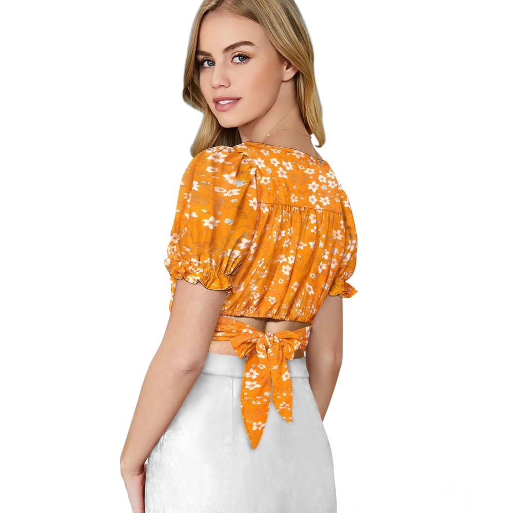 Generic Women's Knitting Printed V-Neck Puff Sleeve Tops (Yellow) - Image 4