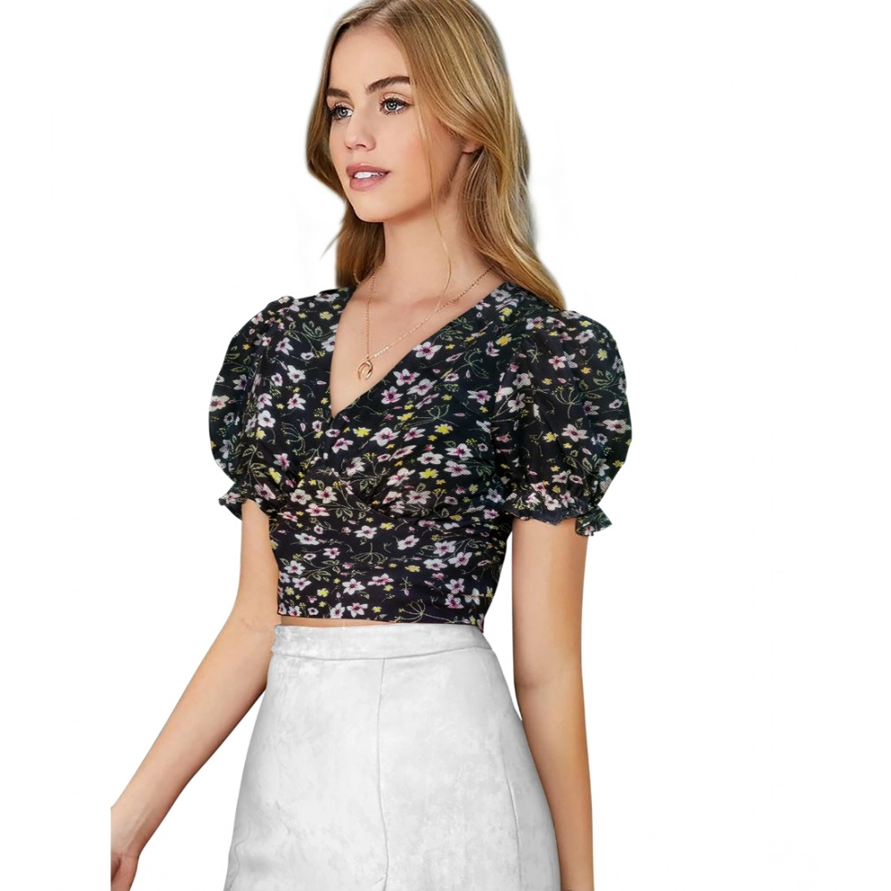 Generic Women's Knitting Printed V-Neck Puff Sleeve Tops (Black) - Image 5