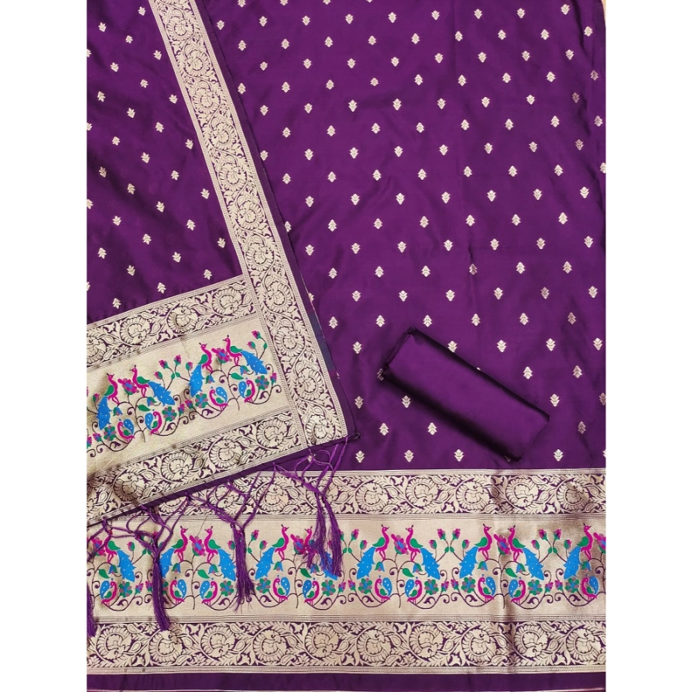Generic Women's Banarasi Silk Printed Unstitched Salwar Suit Material With Dupatta (Purple, 3Mtrs) - Image 3
