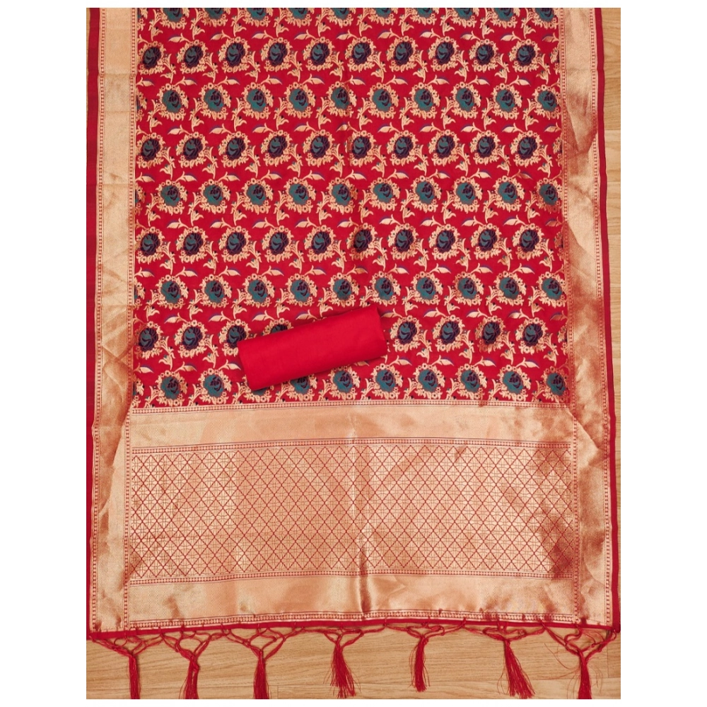 Generic Women's Banarasi Silk Printed Unstitched Salwar Suit Material With Dupatta (Red, 3Mtrs) - Image 3