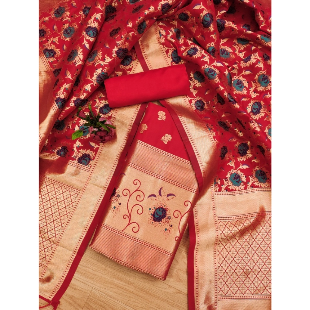 Generic Women's Banarasi Silk Printed Unstitched Salwar Suit Material With Dupatta (Red, 3Mtrs) - Image 4