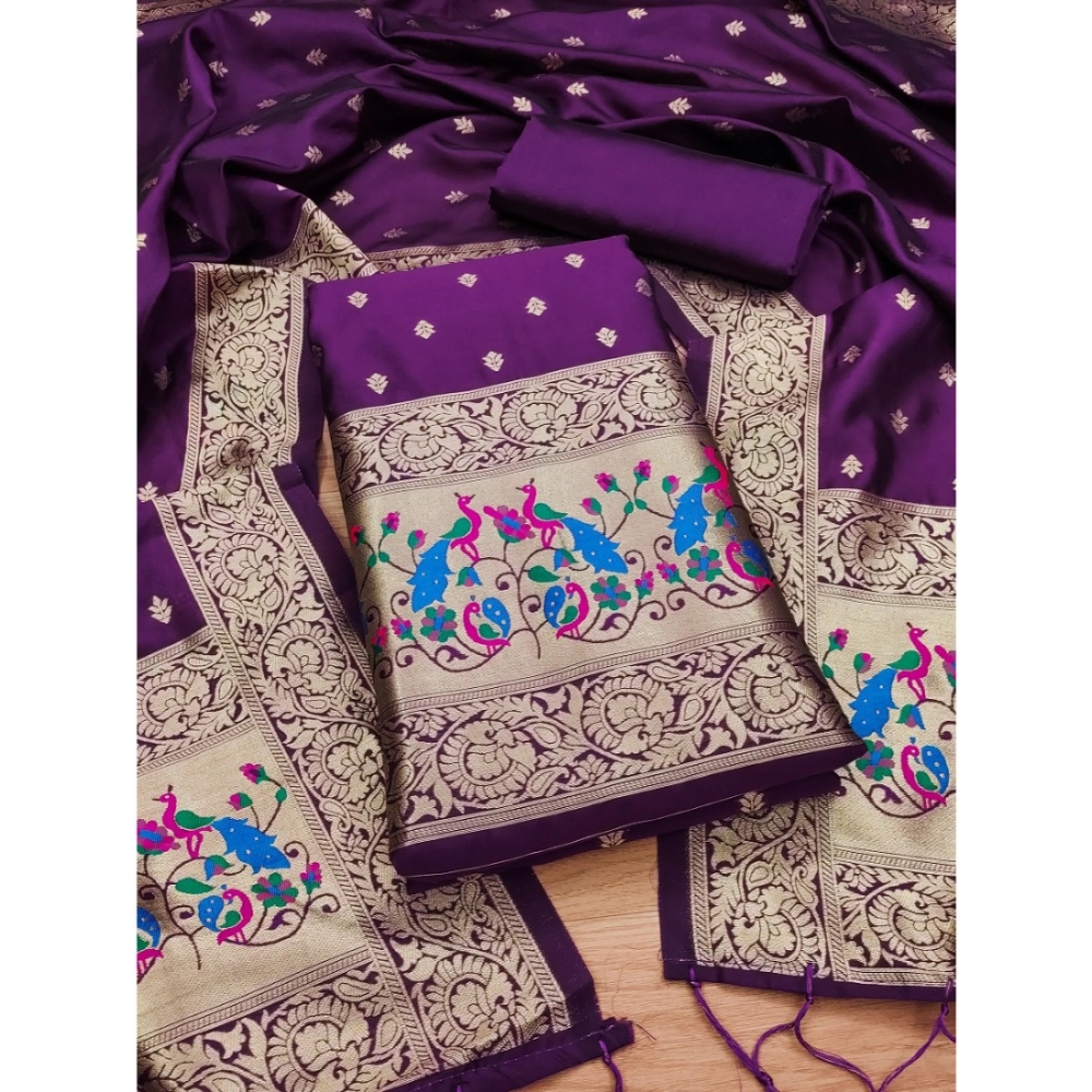 Generic Women's Banarasi Silk Printed Unstitched Salwar Suit Material With Dupatta (Purple, 3Mtrs) - Image 4