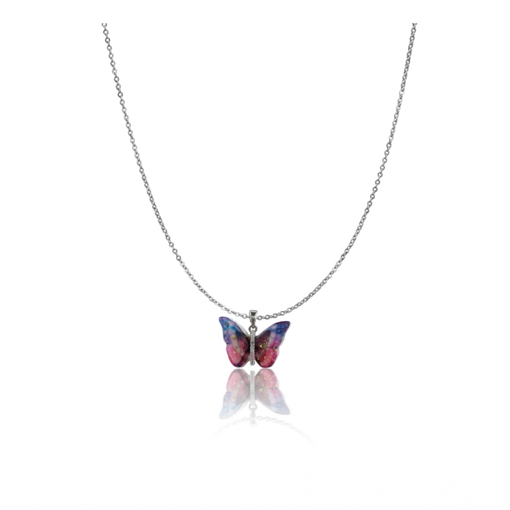 Generic Women's Stainless Steel Colorful Butterfly Pendent Dailywear chain (Silver Plated)