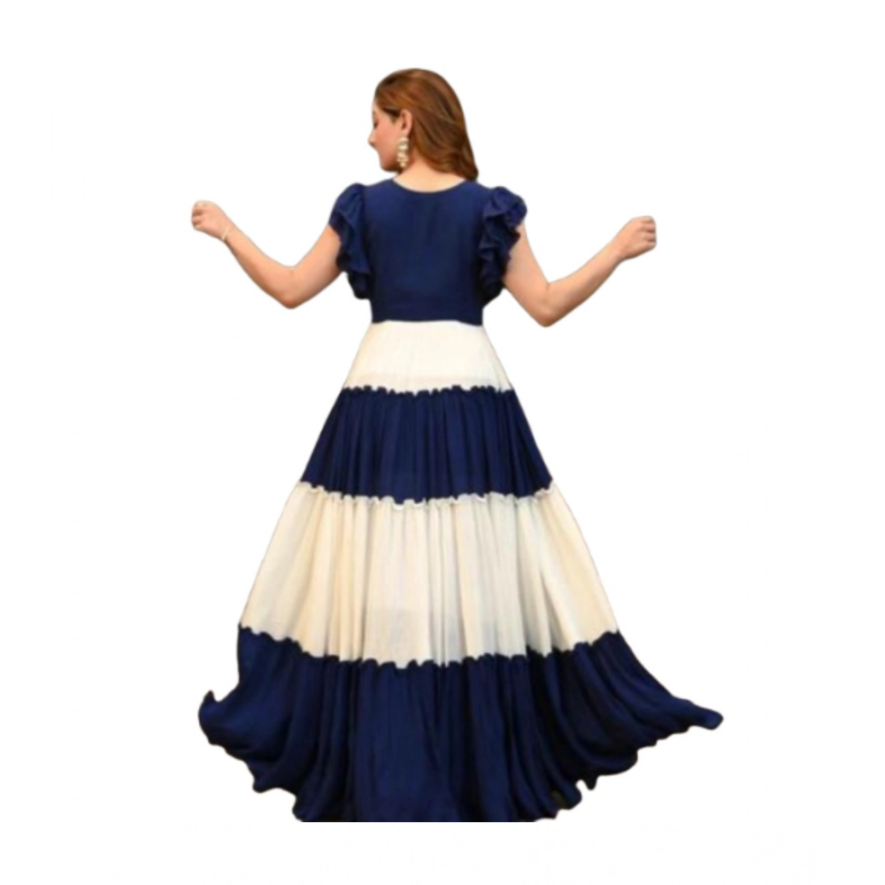 Generic Women's Georgette Solid Half Sleeve Gown (Blue-White) - Image 4