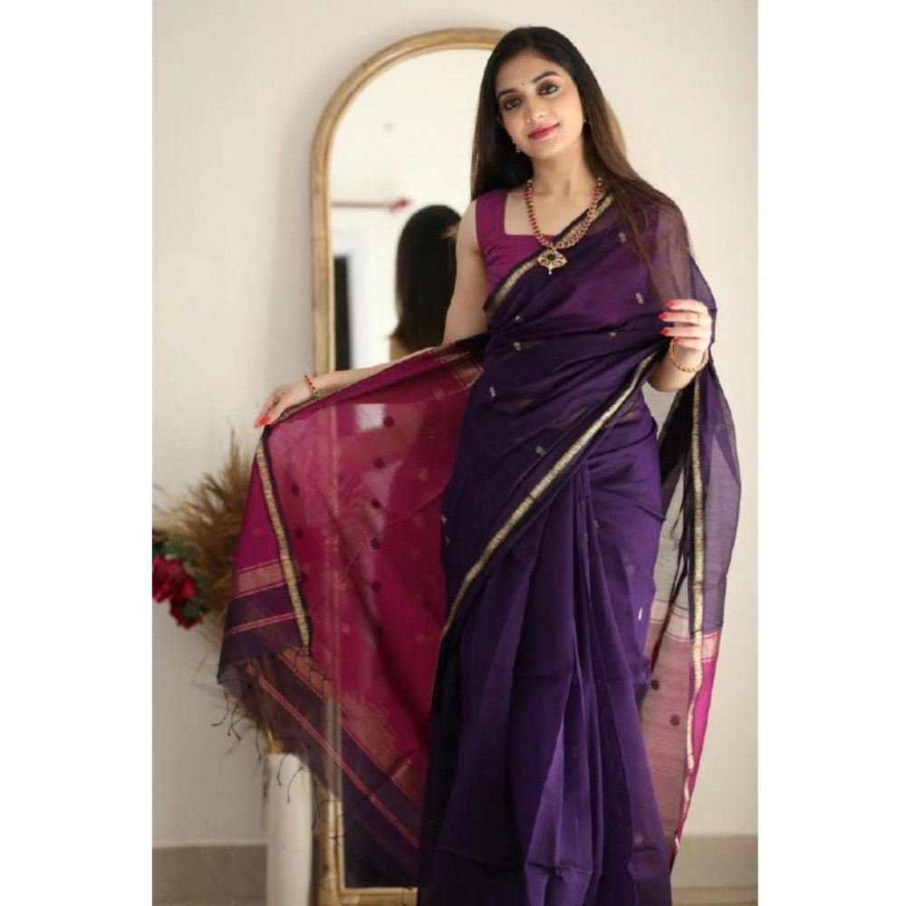 Generic Women's Cotton Printed Saree With Unstitched Blouse 5.5Mtr (Navy Blue) - Image 3