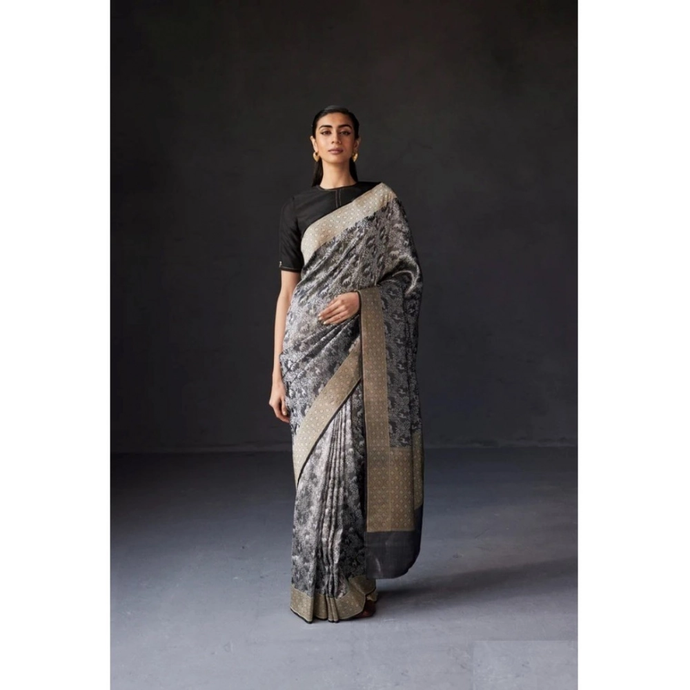 Generic Women's Silk Printed Saree With Unstitched Blouse 5.5Mtr (Grey) - Image 3