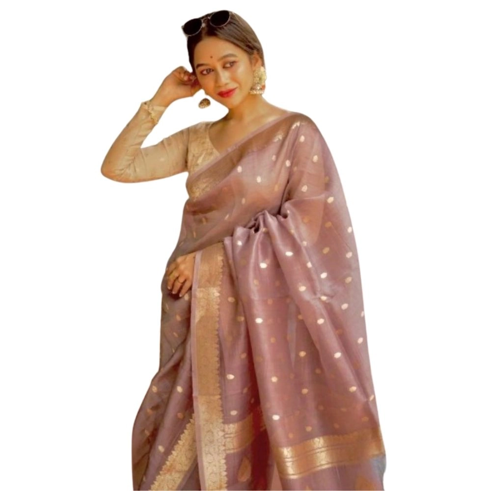 Generic Women's Cotton Printed Saree With Unstitched Blouse 5.5Mtr (Rose Gold)