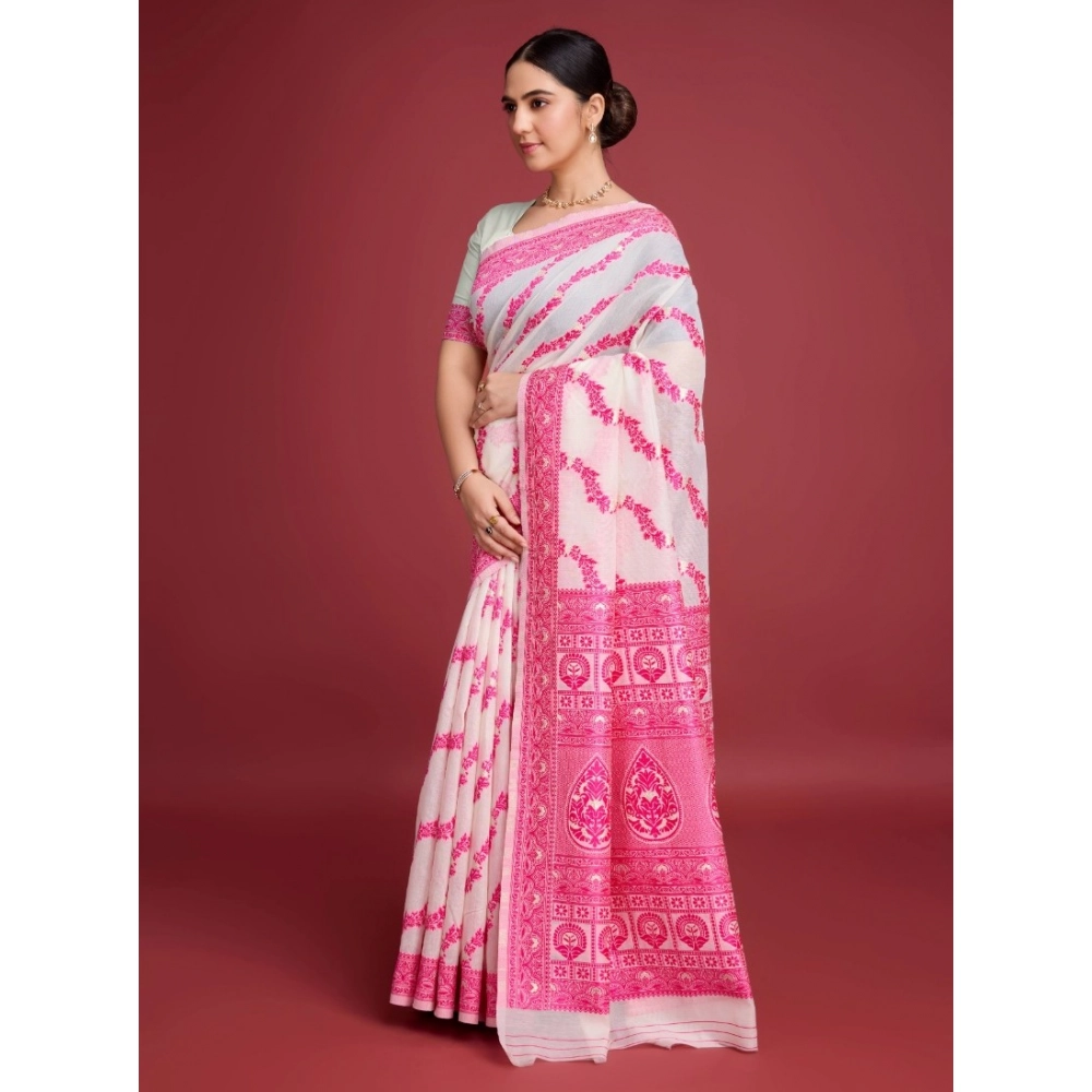 Generic Women's Jamdani Cotton Silk Printed Saree With Unstitched Blouse 5.5Mtr (Pink) - Image 3