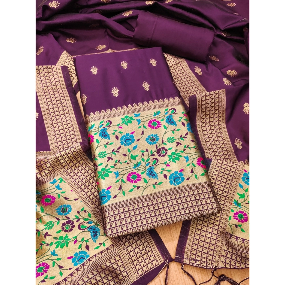 Generic Women's Banarasi Silk Printed Unstitched Salwar Suit Material With Dupatta (Wine, 3Mtrs)