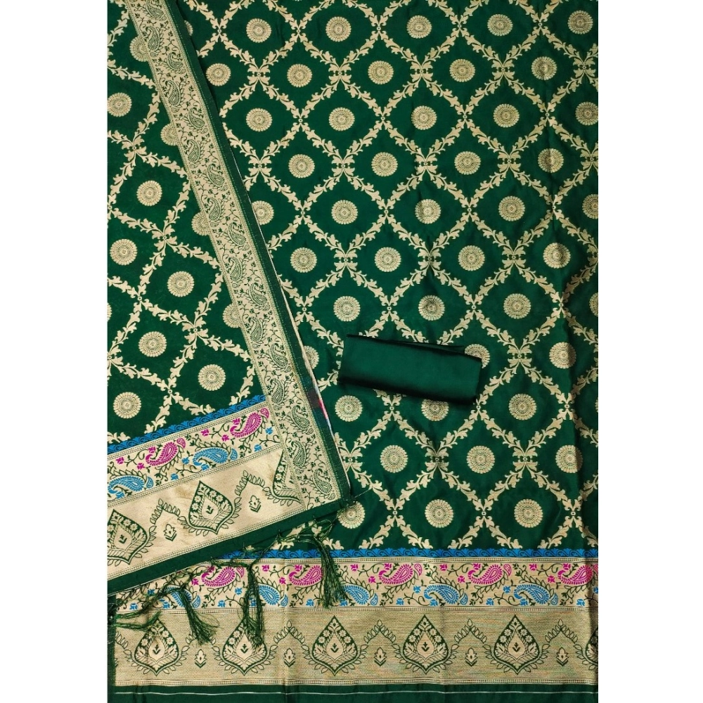 Generic Women's Banarasi Silk Printed Unstitched Salwar Suit Material With Dupatta (Bottle Green, 3Mtrs) - Image 3