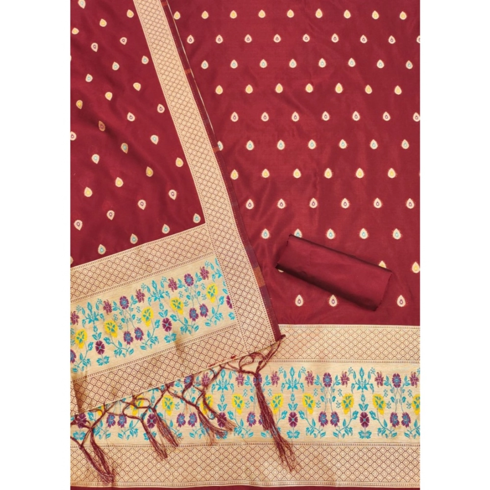 Generic Women's Banarasi Silk Printed Unstitched Salwar Suit Material With Dupatta (Maroon, 3Mtrs) - Image 3