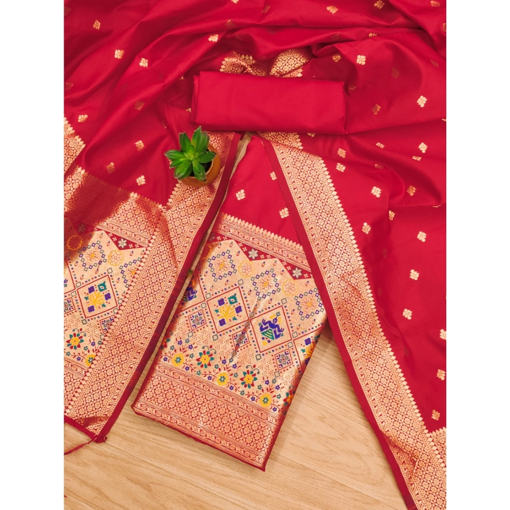 Generic Women's Banarasi Silk Printed Unstitched Salwar Suit Material With Dupatta (Red, 3Mtrs) - Image 4