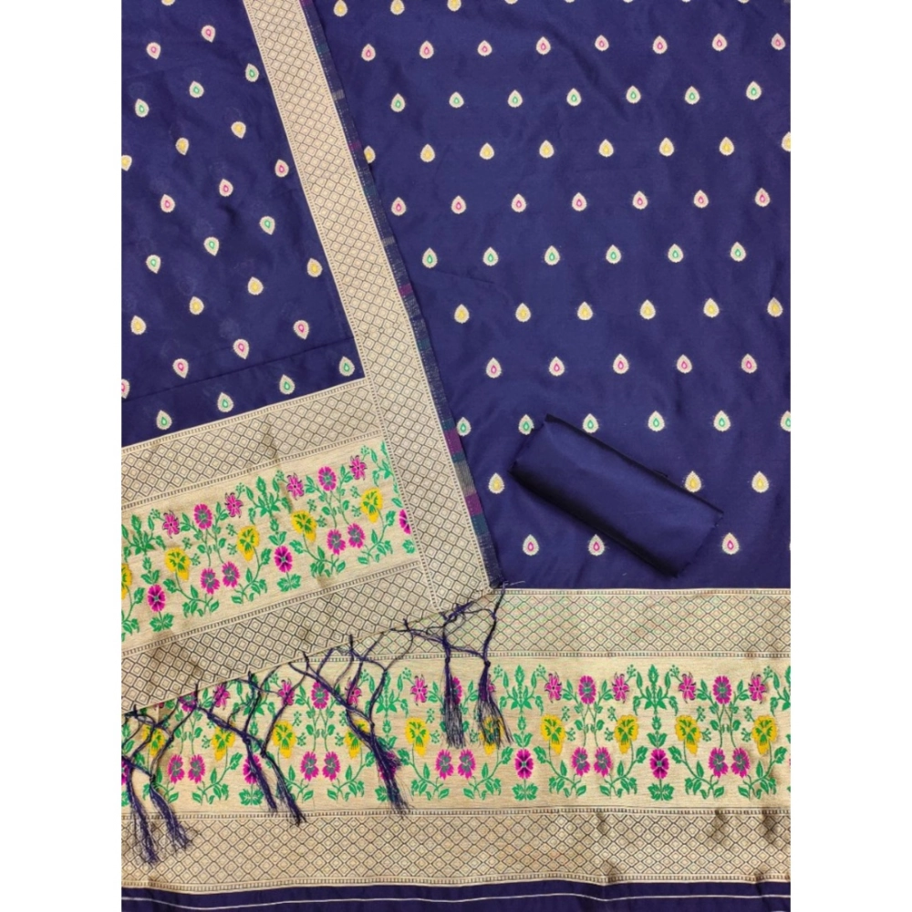 Generic Women's Banarasi Silk Printed Unstitched Salwar Suit Material With Dupatta (Navy Blue, 3Mtrs) - Image 3