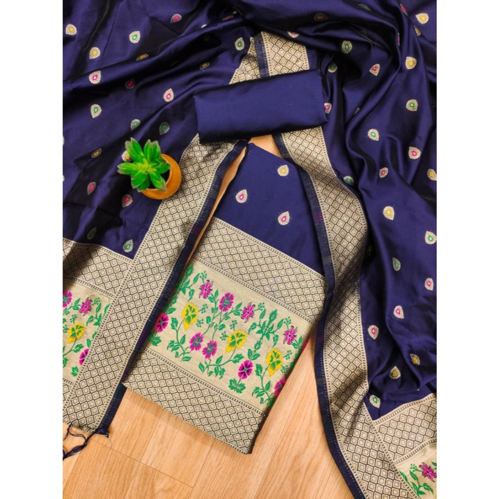 Generic Women's Banarasi Silk Printed Unstitched Salwar Suit Material With Dupatta (Navy Blue, 3Mtrs) - Image 4