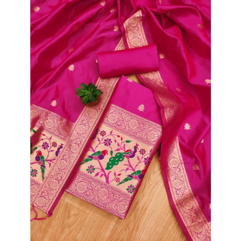 Generic Women's Banarasi Silk Printed Unstitched Salwar Suit Material With Dupatta (Pink, 3Mtrs) - Image 4
